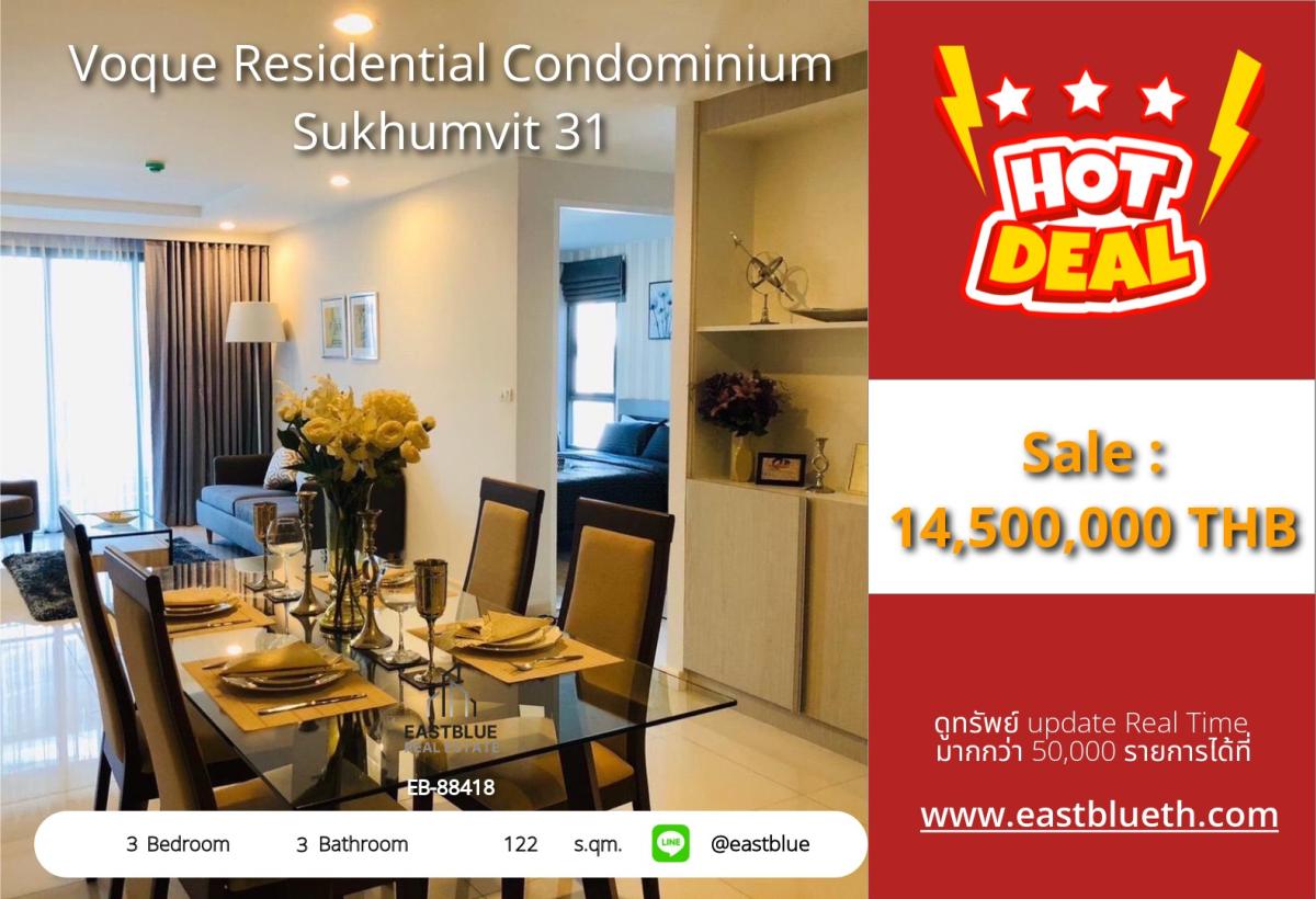 For SaleCondoSukhumvit, Asoke, Thonglor : 07/03/2026, Luxury condo with 3 bedrooms in the heart of Thonglor-Phrom Phong
Spacious area of 122 sq.m. Price only 14.5 million!