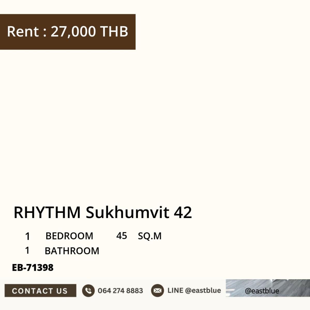 For RentCondoSukhumvit, Asoke, Thonglor : For rent: RHYTHM Sukhumvit 42, beautiful and ready to move in!
Close to Ekkamai BTS, very reasonable price at 27,000 THB/month.