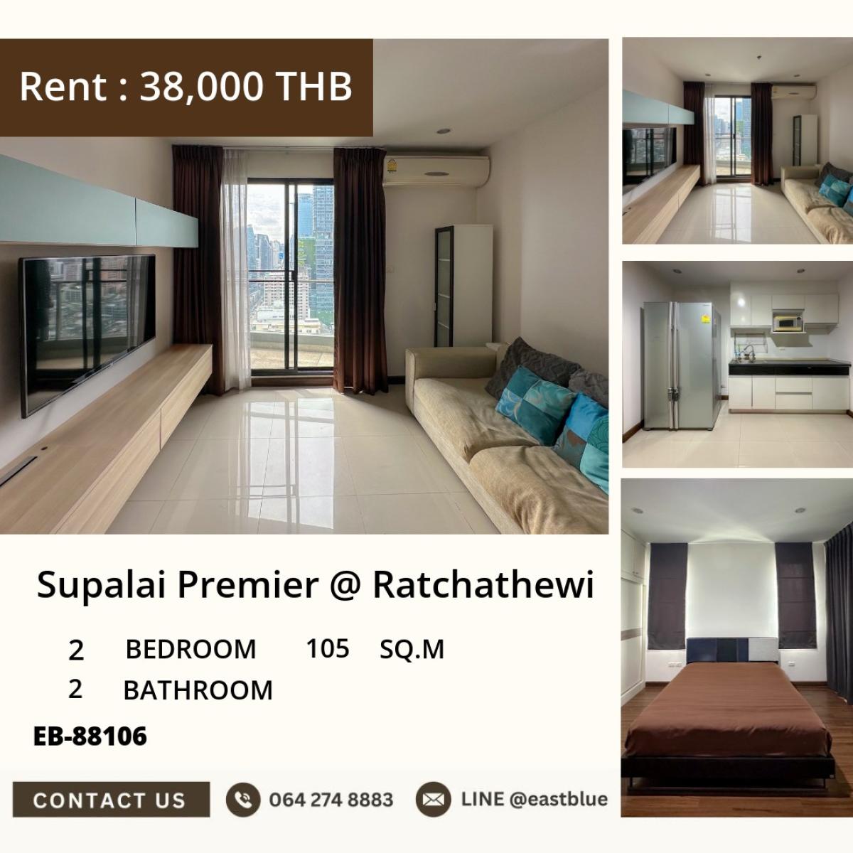 For RentCondoRatchathewi,Phayathai : Chic luxury 2-bedroom in the heart of Ratchathewi!
Supalai Premier 105 sq.m. only 38,000 THB/month