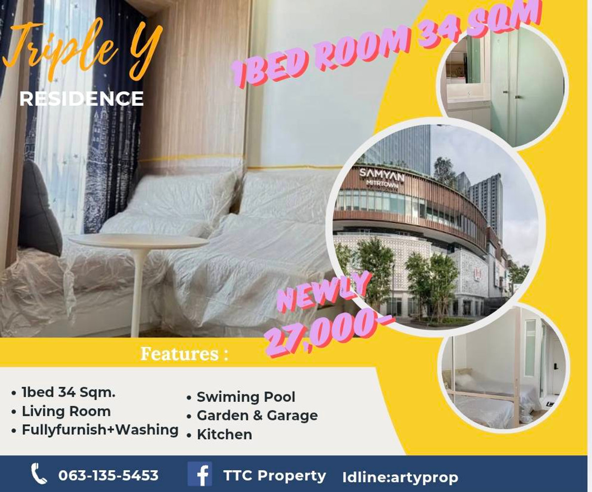 For RentCondoSiam Paragon ,Chulalongkorn,Samyan : Best Price 🌟 Triple Y Residence 1bed 34 Sqm Fullyfurnish , Welcome Nisit Chula 27,000-