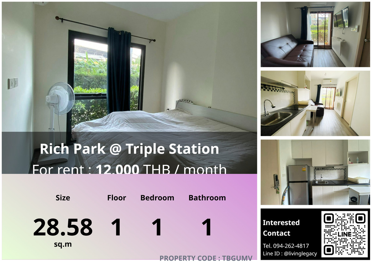 For RentCondoPattanakan, Srinakarin : TBGUMV Condo for rent Rich Park @ Triple Station 28.58 sq m, 1st floor, line id : @livinglegacy