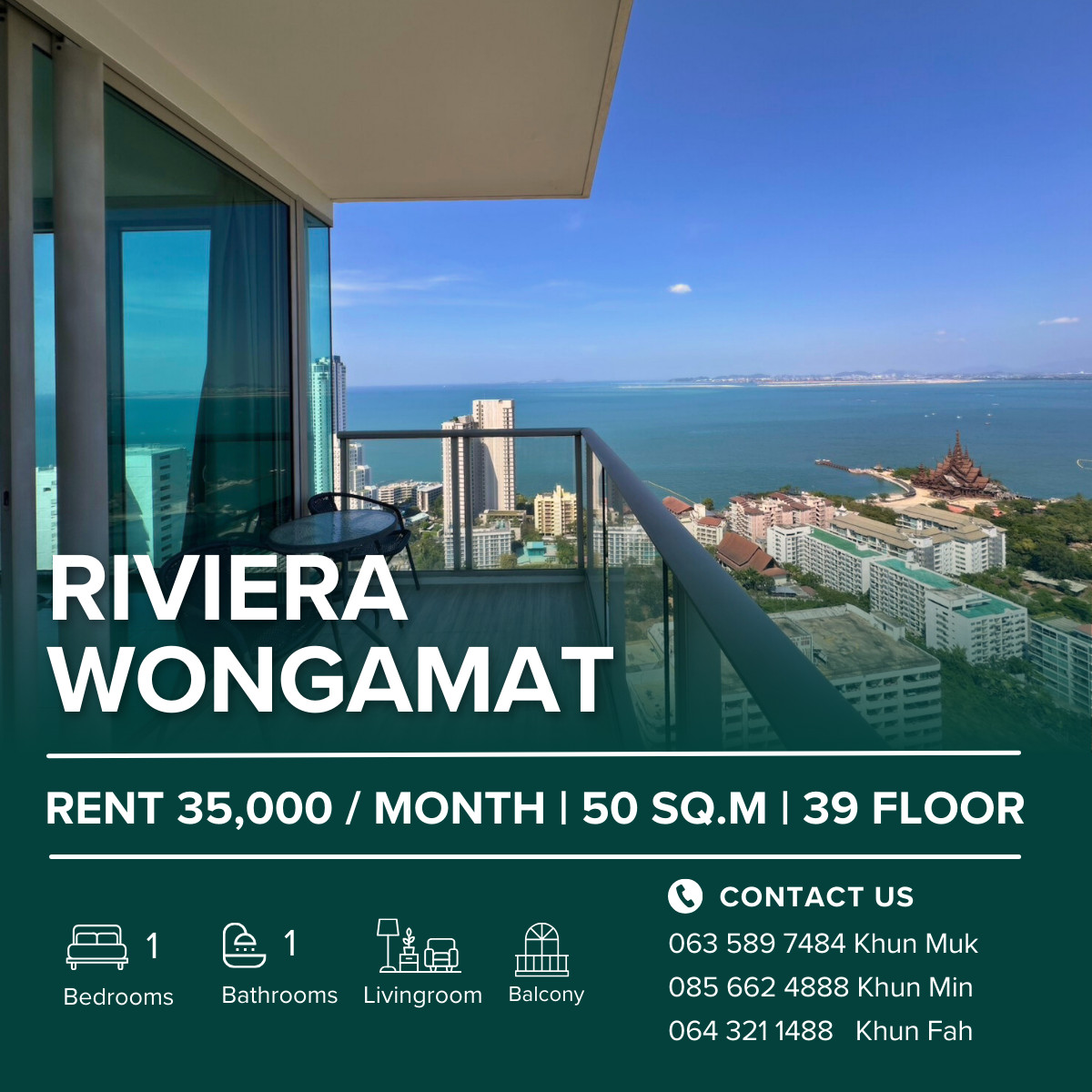 ให้เช่าคอนโดพัทยา บางแสน ชลบุรี สัตหีบ : The Riviera Wongamat Beach For Rent 35,000 THB/Month | 1 Bedroom | 50 Sqm. | Sea view | 39 Floor
