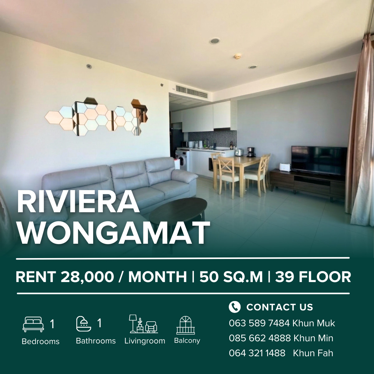 For RentCondoPattaya, Bangsaen, Chonburi : The Riviera Wongamat Beach For Rent 28,000 THB/Month | 1 Bedroom | 50 Sqm. | Sea view | 39 Floor