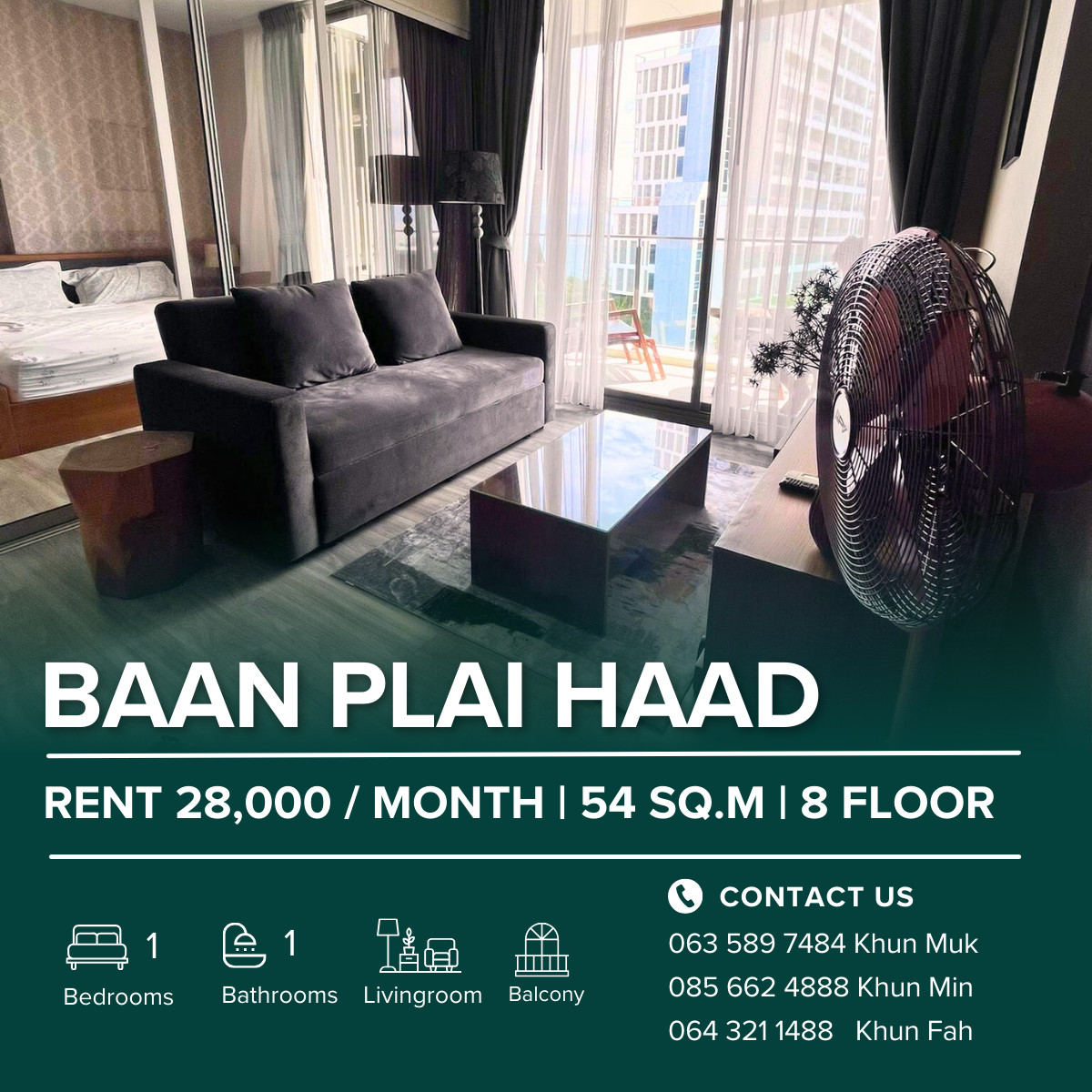 For RentCondoPattaya, Bangsaen, Chonburi : 🏖️ Baan Plai Haad Wongamat Condo for Rent | 1 Bedroom 54 SQ.M. | 8th Floor | 28,000 THB/Month