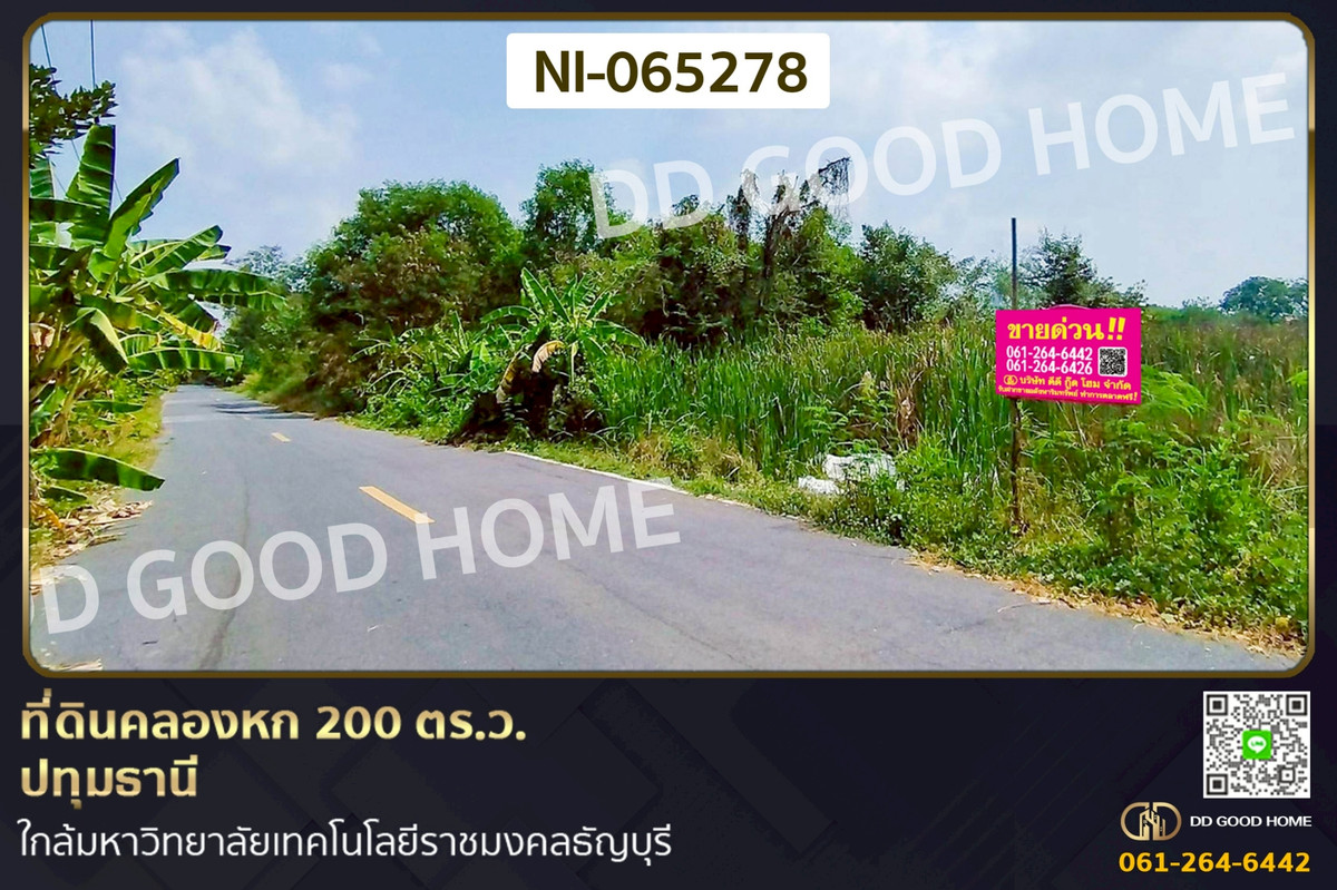 For SaleLandPathum Thani,Rangsit, Thammasat : NI-065278 Land plot of 200 sq.w. in Khlong Hok, Pathum Thani, near Rajamangala University of Technology Thanyaburi.