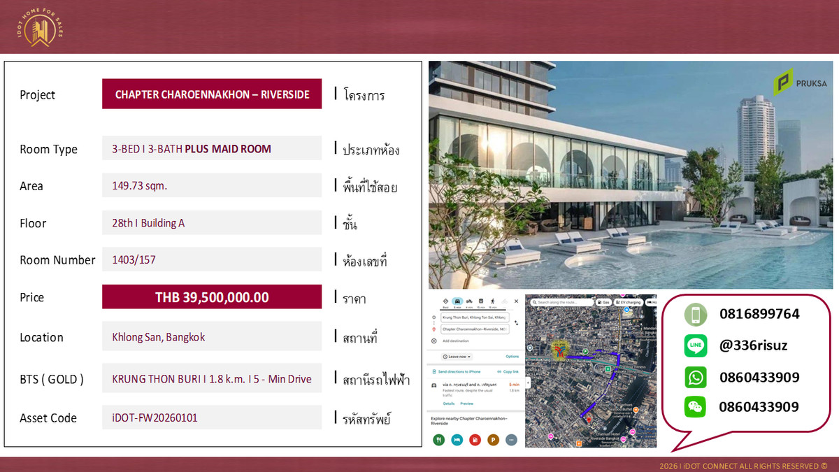 For SaleCondoWongwianyai, Charoennakor : Condo for Sales, Chapter Charoen Nakhon Riverside, 3+1 BED, 3+1 BATH, Chao Phraya River View, near BTS, with Elevator Inside