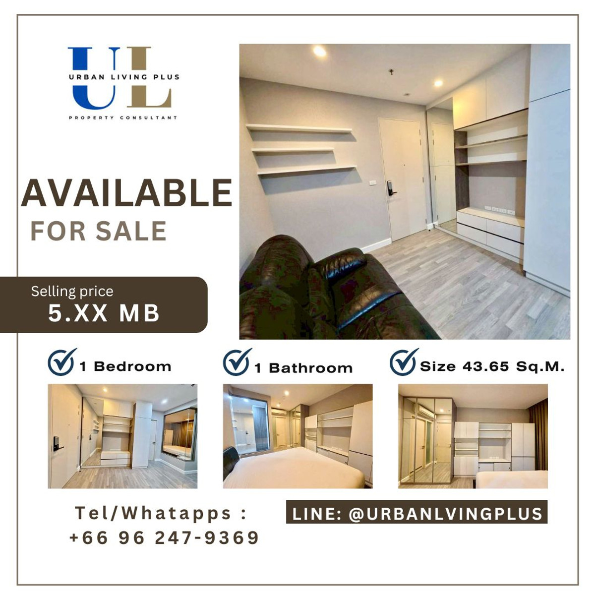 For SaleCondoWongwianyai, Charoennakor : ( UL2603111 ) Tel/Line 096-2479369 , FOR SALE !! The Room BTS Wongwian Yai, 1 bedroom, 1 bathroom, Size 43.65 Sq.M. Never rented, very good condition✨