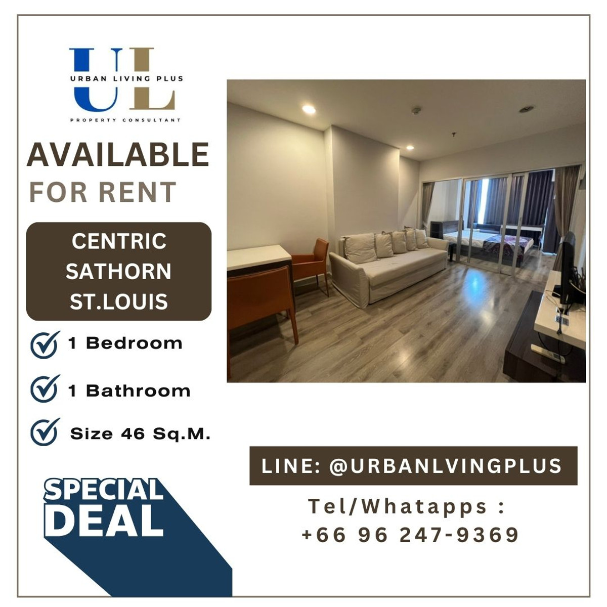 ให้เช่าคอนโดสาทร นราธิวาส : ( UL2307201 ) Tel/Line 096-2479369 , ให้เช่า เซ็นทริค สาทร - เซนต์หลุยส์  1 ห้องนอน 1 ห้องน้ำ 46 ตร.ม. ไซท์ใหญ่ ห้องสวย สภาพดี✨✨