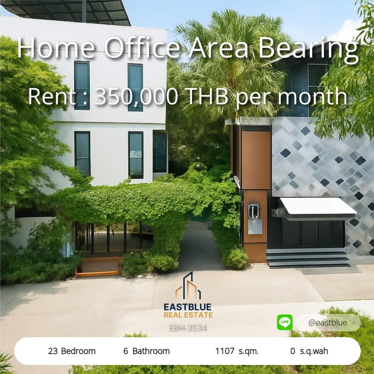 For RentOfficeBangna, Bearing, Lasalle : 15/03/2026, 3-story luxury office in the heart of Bangna, ready for immediate use. 
Width area 1,107 sq m. Rental price only 350,000 baht/month 0642748883