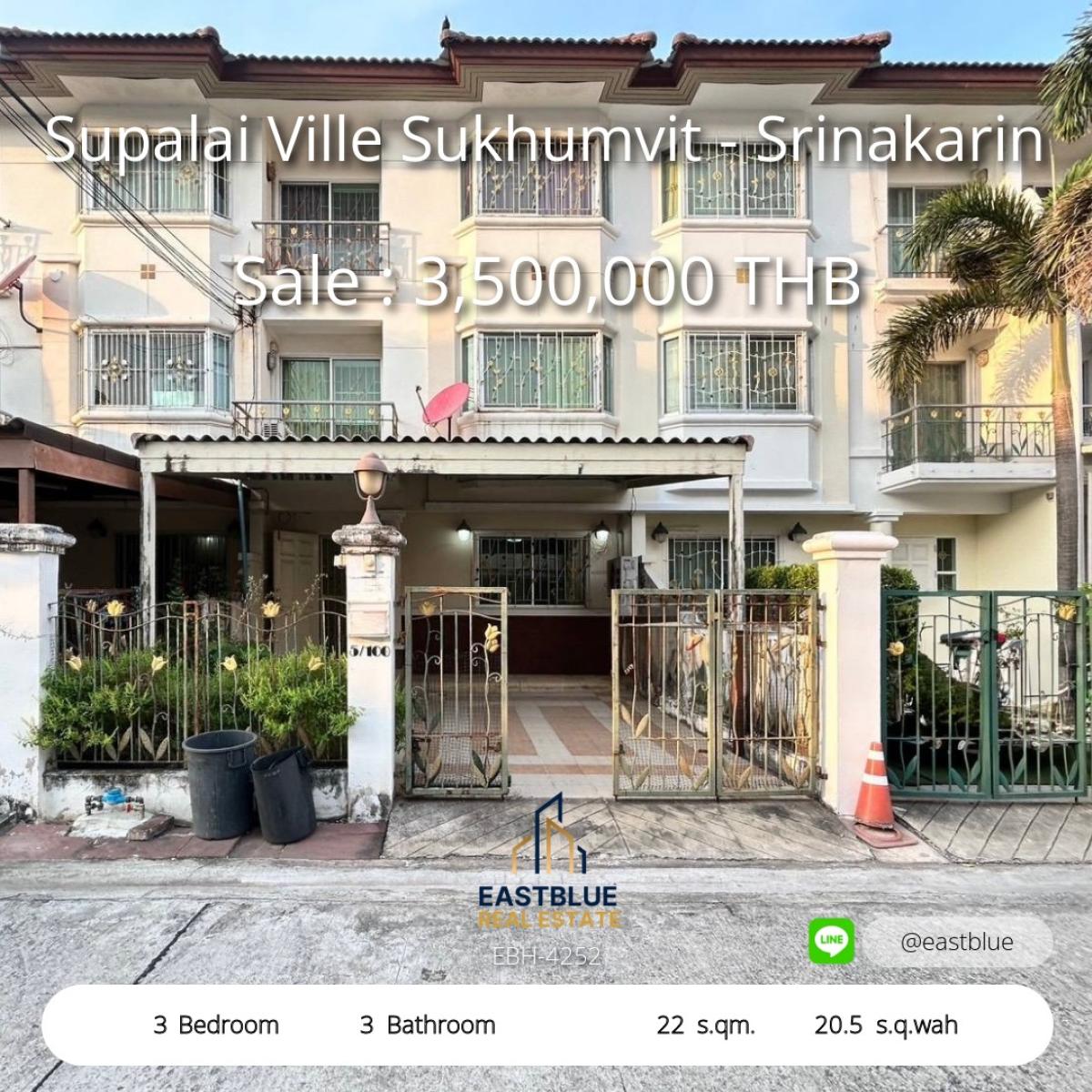 ขายทาวน์โฮมบางนา แบริ่ง ลาซาล : 17/03/2026, บ้านสวย 3 ห้องนอน ย่านสุขุมวิท ใกล้ BTS พร้อมอยู่ในราคา 3.5 ล้าน 
ลงทุนหรืออยู่อาศัย เริ่มต้นชีวิตใหม่ที่ Supalai Ville Sukhumvit-Srinakarin 0642748883