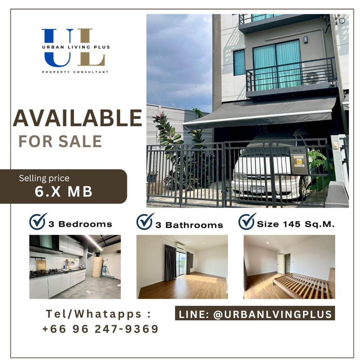 ขายทาวน์โฮมพระราม 5 ราชพฤกษ์ บางกรวย : ( UL2504023 ) Tel/Line 096-2479369✨สำหรับขาย บ้านกลางเมือง ราชพฤกษ์-สาทร 3 ห้องนอน 3 ห้องน้ำ 145 ตร.ม. ทาวน์โฮม 3 ชั้น บ้านใหม่ หลังมุม ซอยแรกใกล้ทางเข้าโครงการ✨