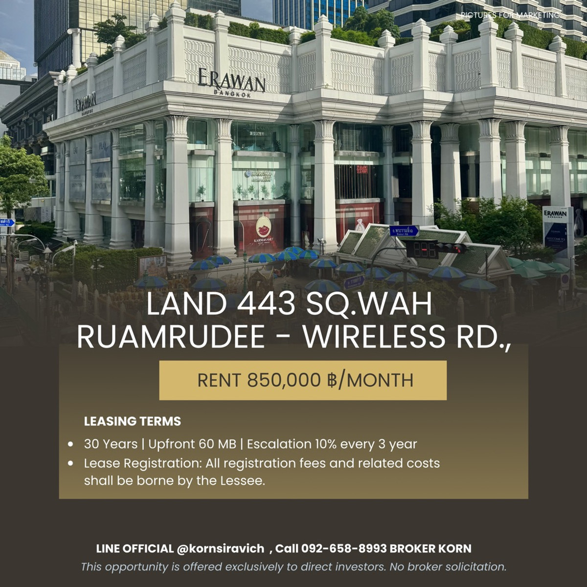 For RentLandWitthayu, Chidlom, Langsuan, Ploenchit : Land for rent, 443 sq m, long term 30 years, leasehold rights registered @ Ruamrudee, Ploenchit - Witthayu, near Lumpini Park and One Bangkok - RBSC.