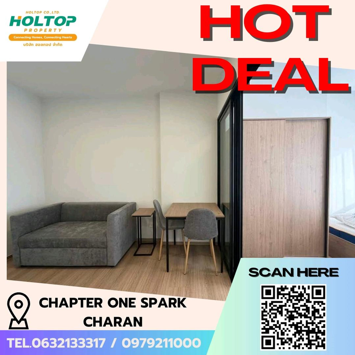 ให้เช่าคอนโดปิ่นเกล้า จรัญสนิทวงศ์ : #E116  🎉170369 ให้เช่าคอนโด Chapter One Spark Charan