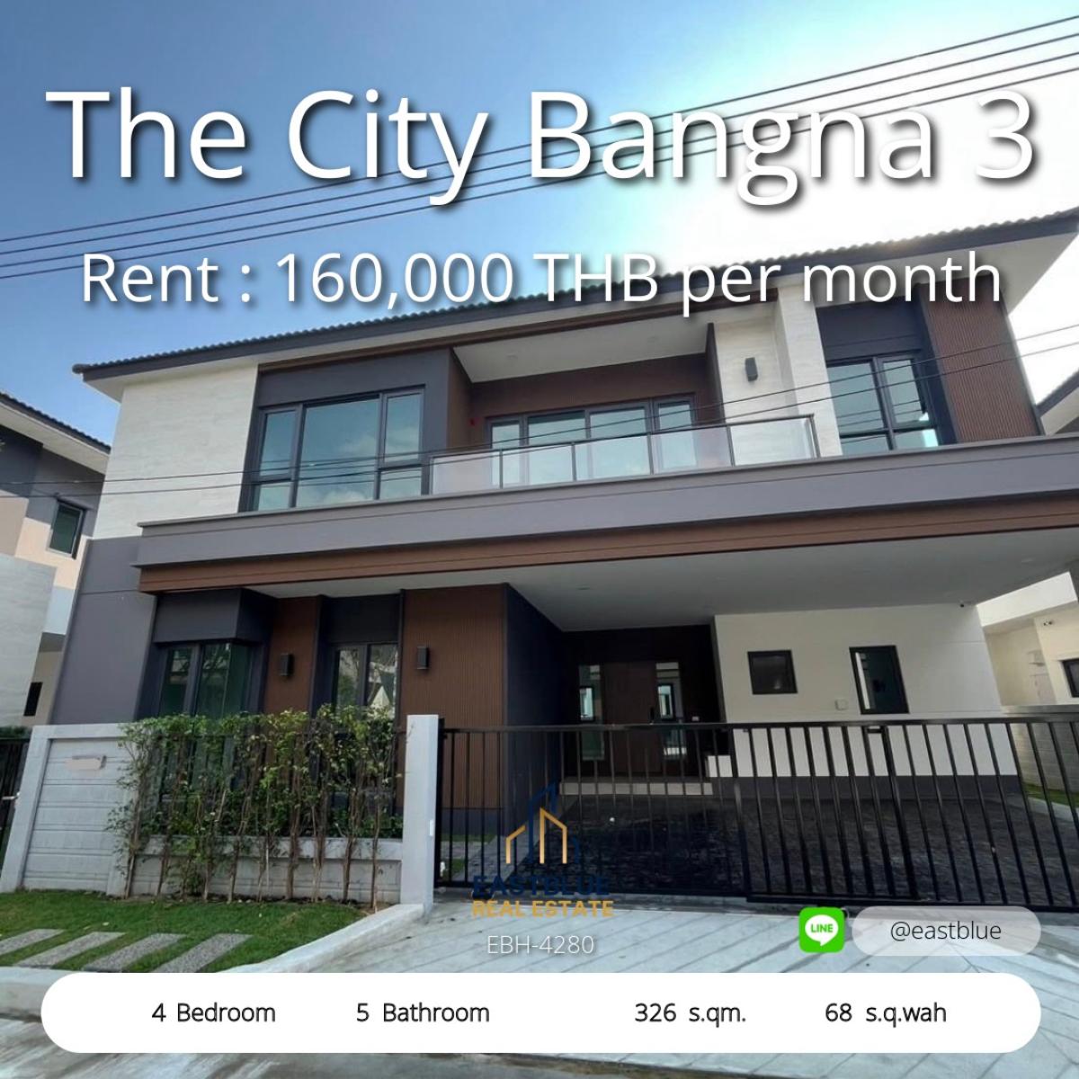 For RentHouseBangna, Bearing, Lasalle : 17/03/2026, Single house The City Bangna 3, 4 bedrooms, 5 bathrooms, spacious area, ready for rent 160,000 baht/month. 
Good location, close to the Bangna community, km. 7, meets every lifestyle. 0642748883