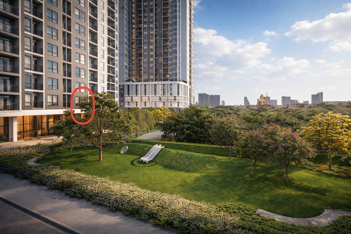 ขายคอนโดท่าพระ ตลาดพลู วุฒากาศ : ขาย 1 bedroom 33.5 ตรม. ชั้น2 วิวสวน (65,611/ตรม.)