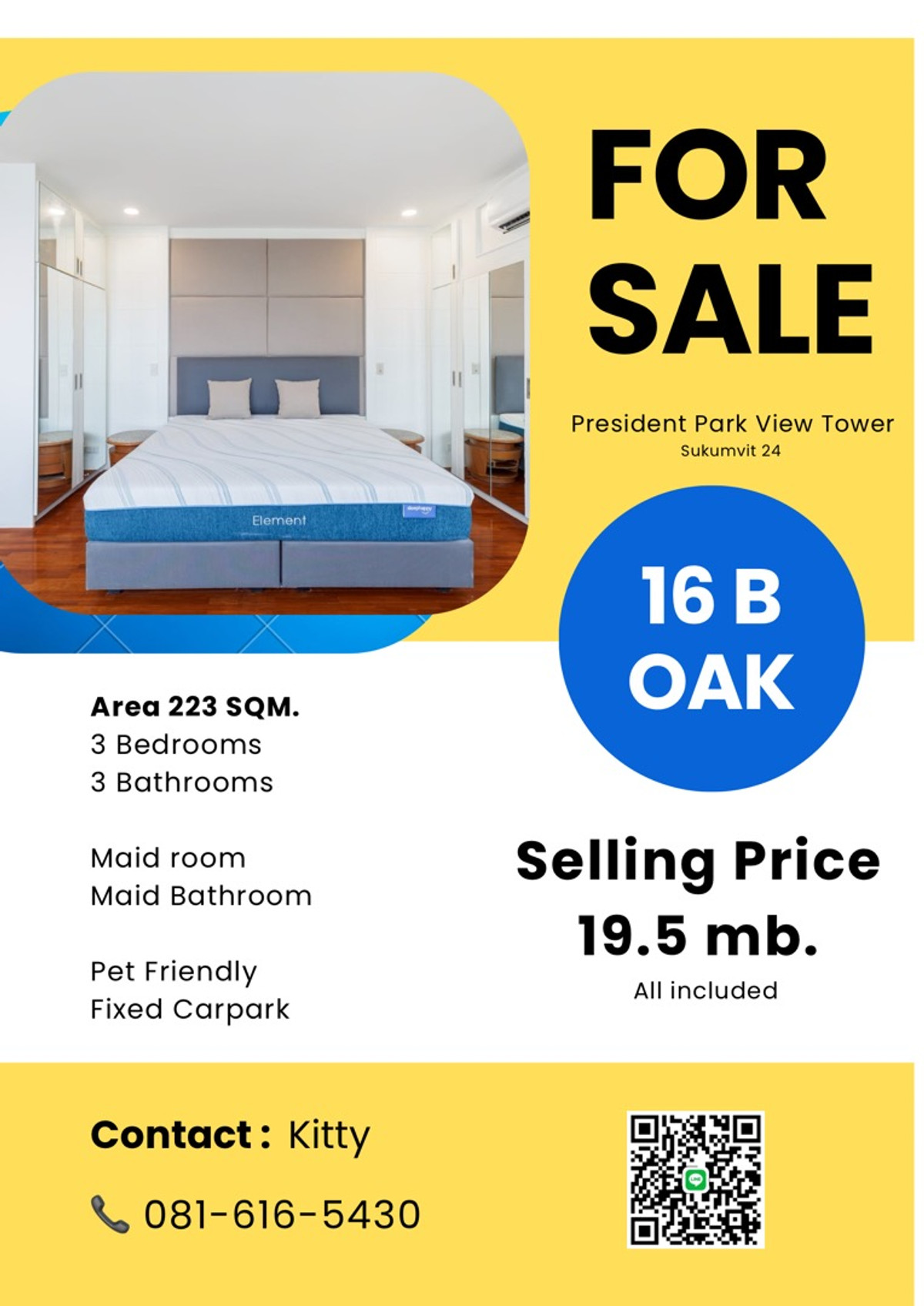 ขายคอนโดสุขุมวิท อโศก ทองหล่อ : *FOR SALE* Pet Friendly @ President Park Sukumvit 24 3 Bed/3Bath Nice View