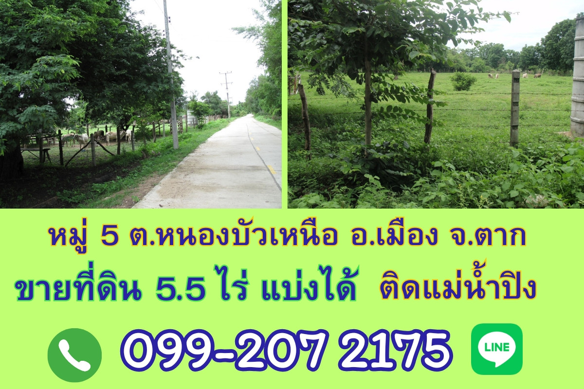 For SaleLandTak : Land for sale, 5.5 rai, can be divided, next to the Ping River, Nong Bua Nuea Subdistrict, Mueang District, Tak Province, near the new bridge beside the Ping River.