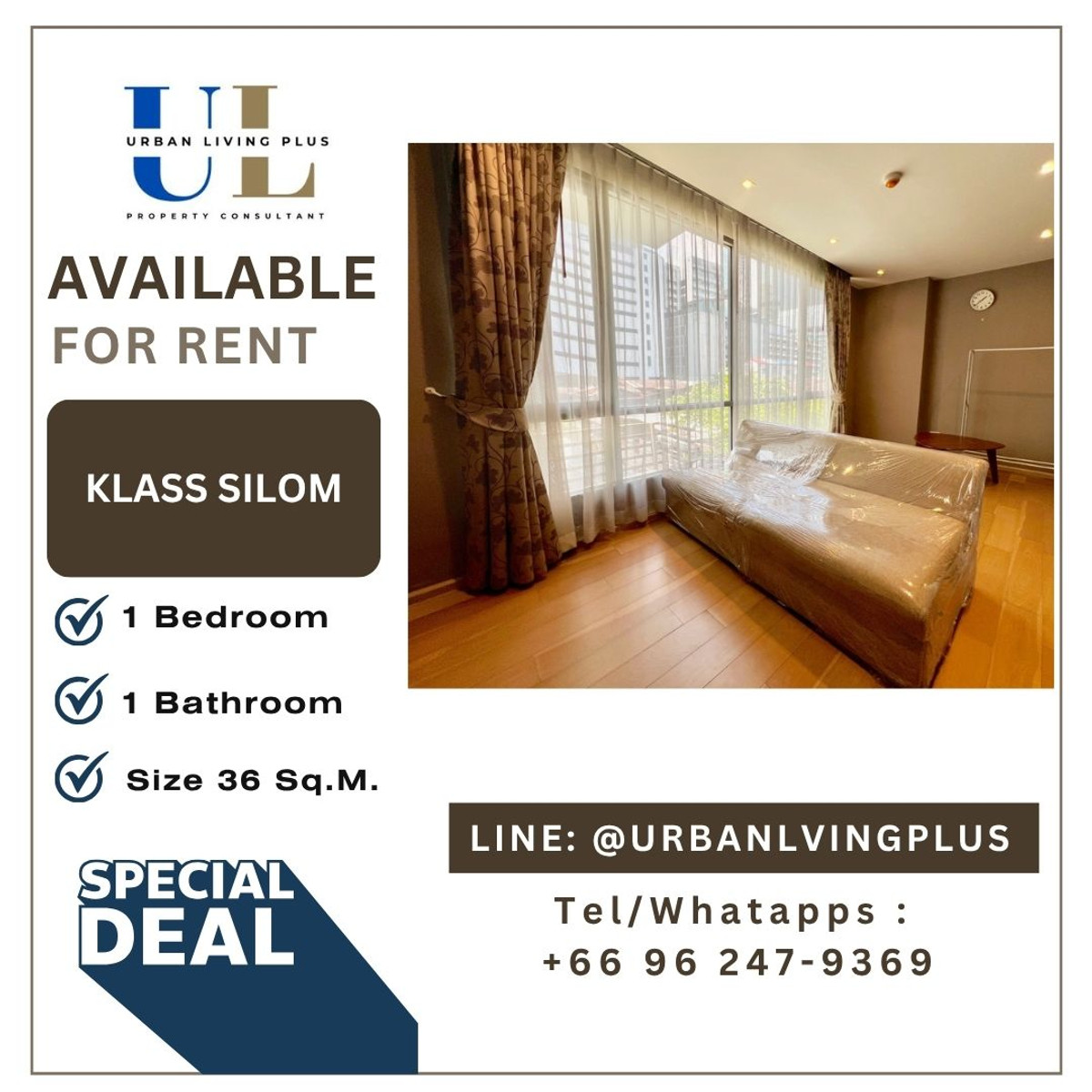 ให้เช่าคอนโดสีลม ศาลาแดง บางรัก : ( UL2504021 ) Tel/Line 096-2479369, ให้เช่า คอนโด คลาส สีลม 1 ห้องนอน 36 ตร.ม. ห้องมุม ห้องสวย สภาพดี ✨