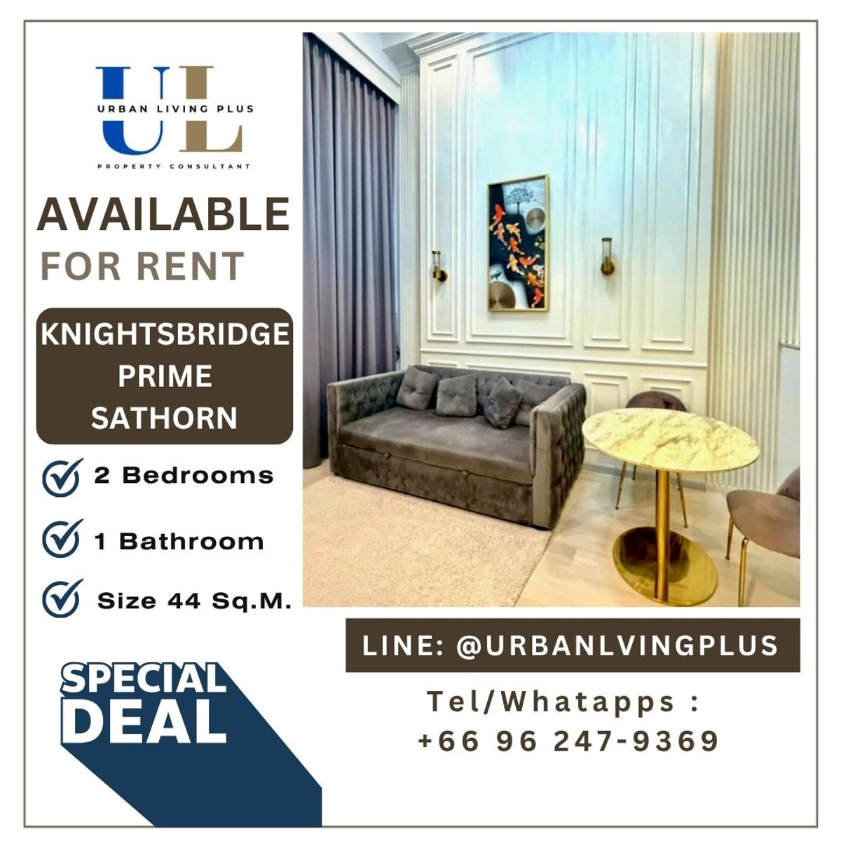 ให้เช่าคอนโดสาทร นราธิวาส : ( UL2603013 ) พร้อมอยู่!! Tel/Line 096-2479369 , สำหรับเช่า ไนท์บริดจ์ ไพร์ม สาทร, 1 ห้องนอน 1 ห้องน้ำ ขนาดห้อง 44 ตร.ม. ห้องสวย !!! ราคาพิเศษ 💥💥