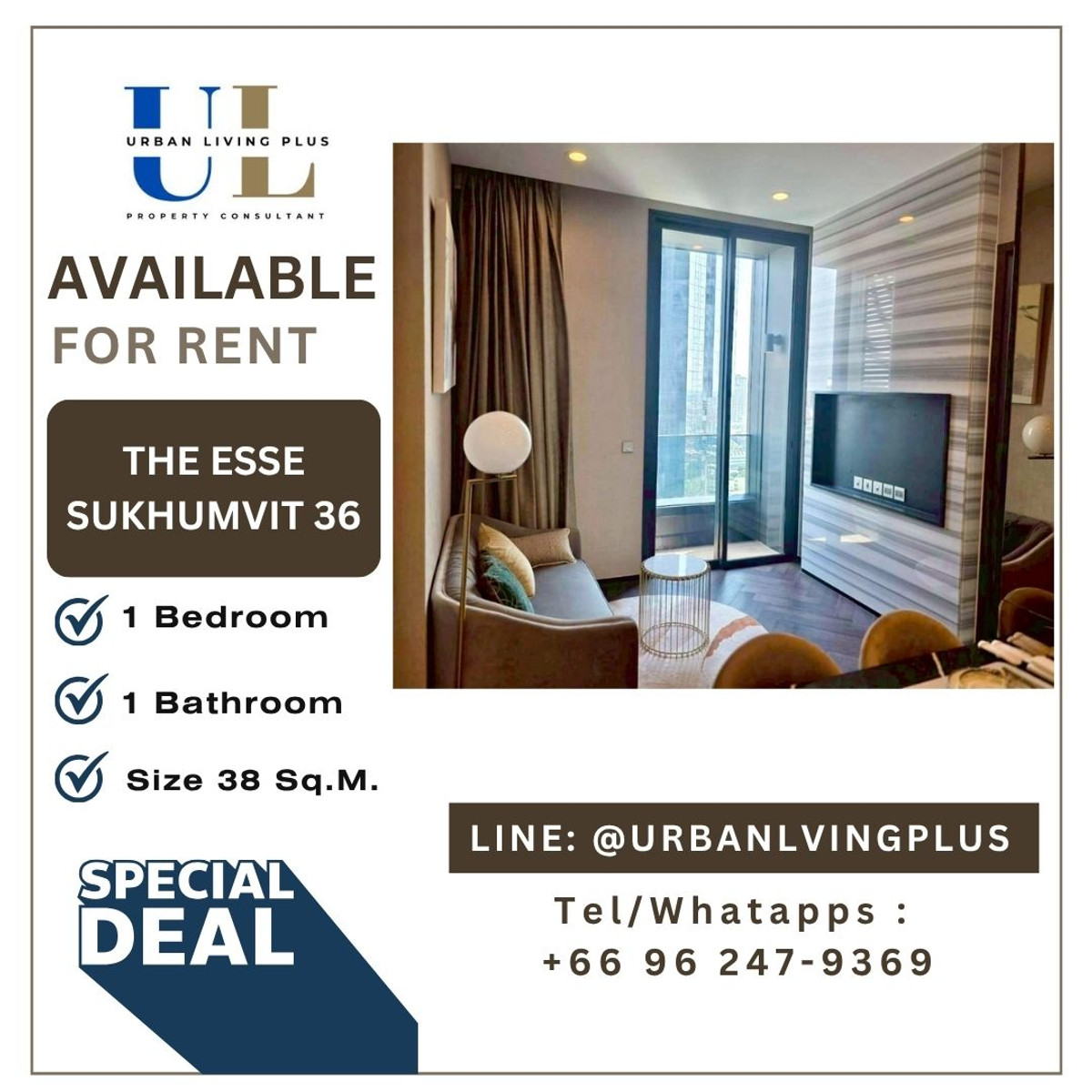 ให้เช่าคอนโดสุขุมวิท อโศก ทองหล่อ : ( UL2603211 ) Tel/Line 096-2479369 , สำหรับเช่า ดิ เอส สุขุมวิท 36✨ 1 ห้องนอน 1 ห้องน้ำ ขนาด 38 ตร.ม. ห้องสวย ห้องใหม่ ไม่เคยปล่อยเช่า✨
