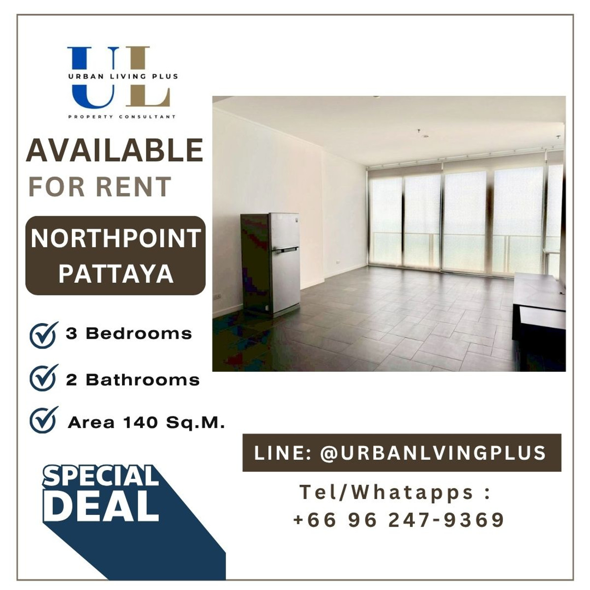 ให้เช่าคอนโดพัทยา บางแสน ชลบุรี สัตหีบ : ( UL2603211 ) Tel/Line 096-2479369 , สำหรับเช่า คอนโด นอร์ทพอยท์ พัทยา✨3 ห้องนอน 2 ห้องน้ำ ขนาด 140 ตร.ม. วิวทะเล สวยมาก พร้อมอยู่✨