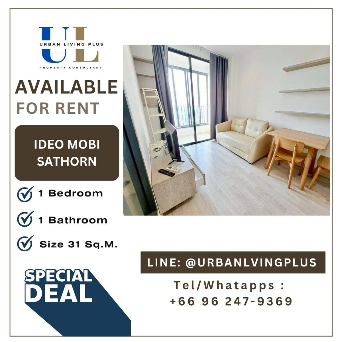 For RentCondoWongwianyai, Charoennakor : ( UL2603061 ) Tel/Line 096-2479369 , FOR RENT✨IDEO MOBI SATHORN, 1 bedroom 1 bathroom Size 31 Sq.M., Hot deal