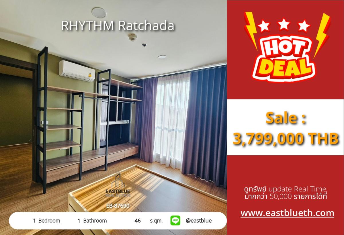 For SaleCondoRatchadapisek, Huaikwang, Suttisan : 24/03/2026, Luxury condo Rhythm Ratchada 1 bedroom 46 sq.m. near BTS/MRT with complete facilities!
Only 3.79 million THB with swimming pool, fitness, sauna, high security! 0642748883
