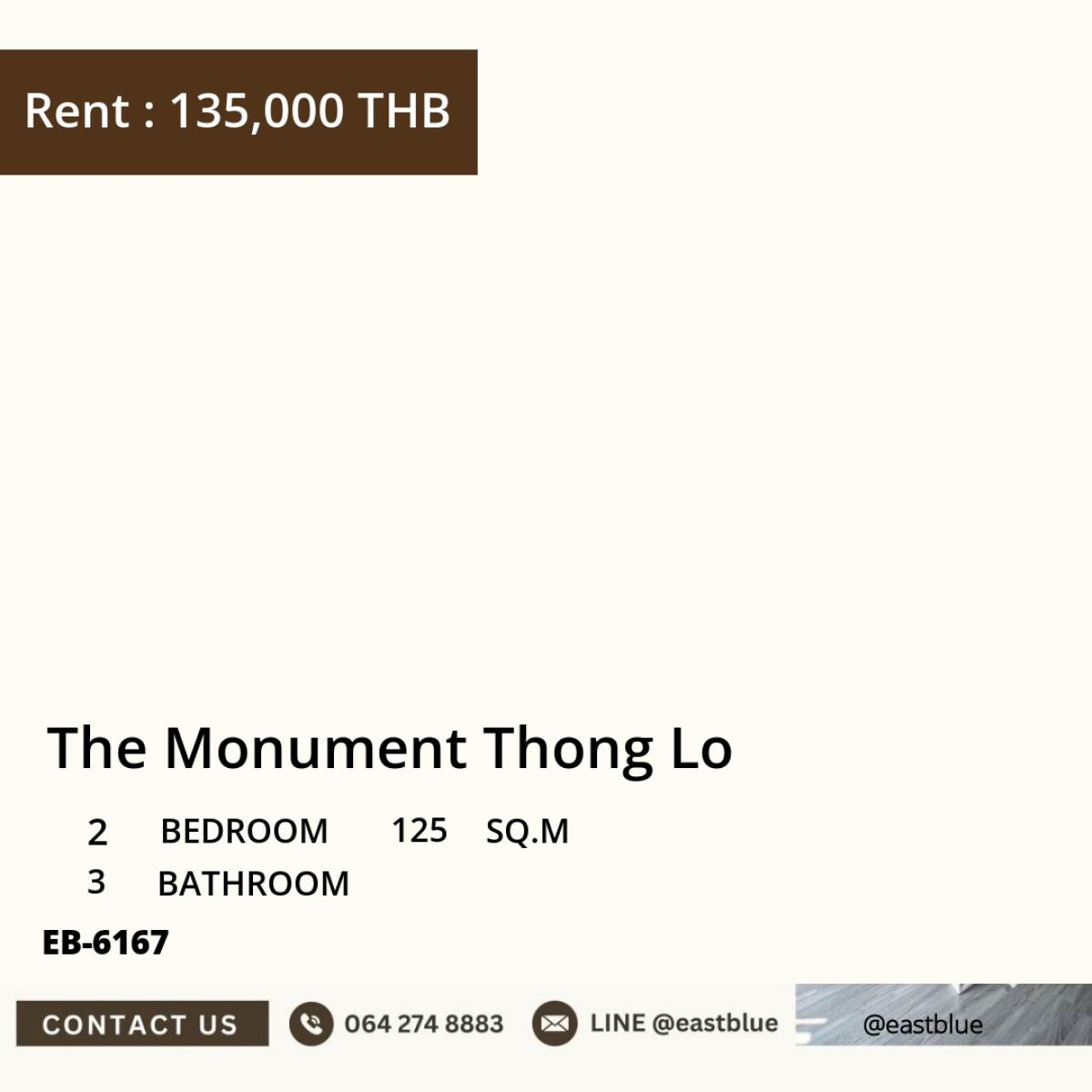For RentCondoSukhumvit, Asoke, Thonglor : 30/03/2026, Luxury premium level! 2 bedrooms at The Monument Thonglor ready to move in immediately
Rent 135,000 Baht/month near BTS Thonglor, convenient for every journey! 0642748883