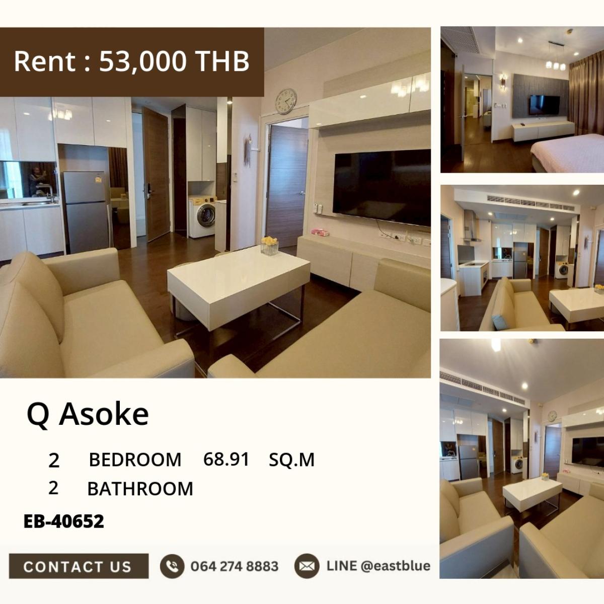 For RentCondoRama9, Petchburi, RCA : 03/04/2026, Beautiful and complete! 2 bedrooms at Q Asoke, near BTS/MRT Phetchaburi, only 53,000 baht/month
with a swimming pool, fitness center, and full amenities! 0642748883