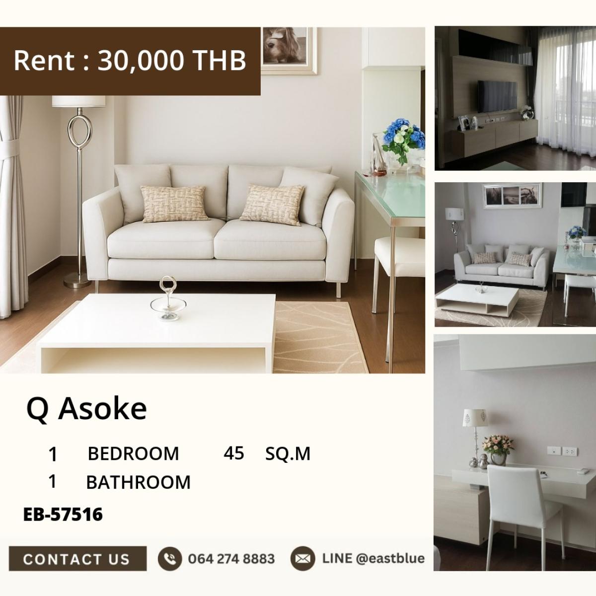 For RentCondoRama9, Petchburi, RCA : 03/04/2026, Rent a Q Asoke condo, 1 bedroom, near MRT Phetchaburi
Size 45 sq.m. with swimming pool and fitness, only 30,000 baht/month! 0642748883