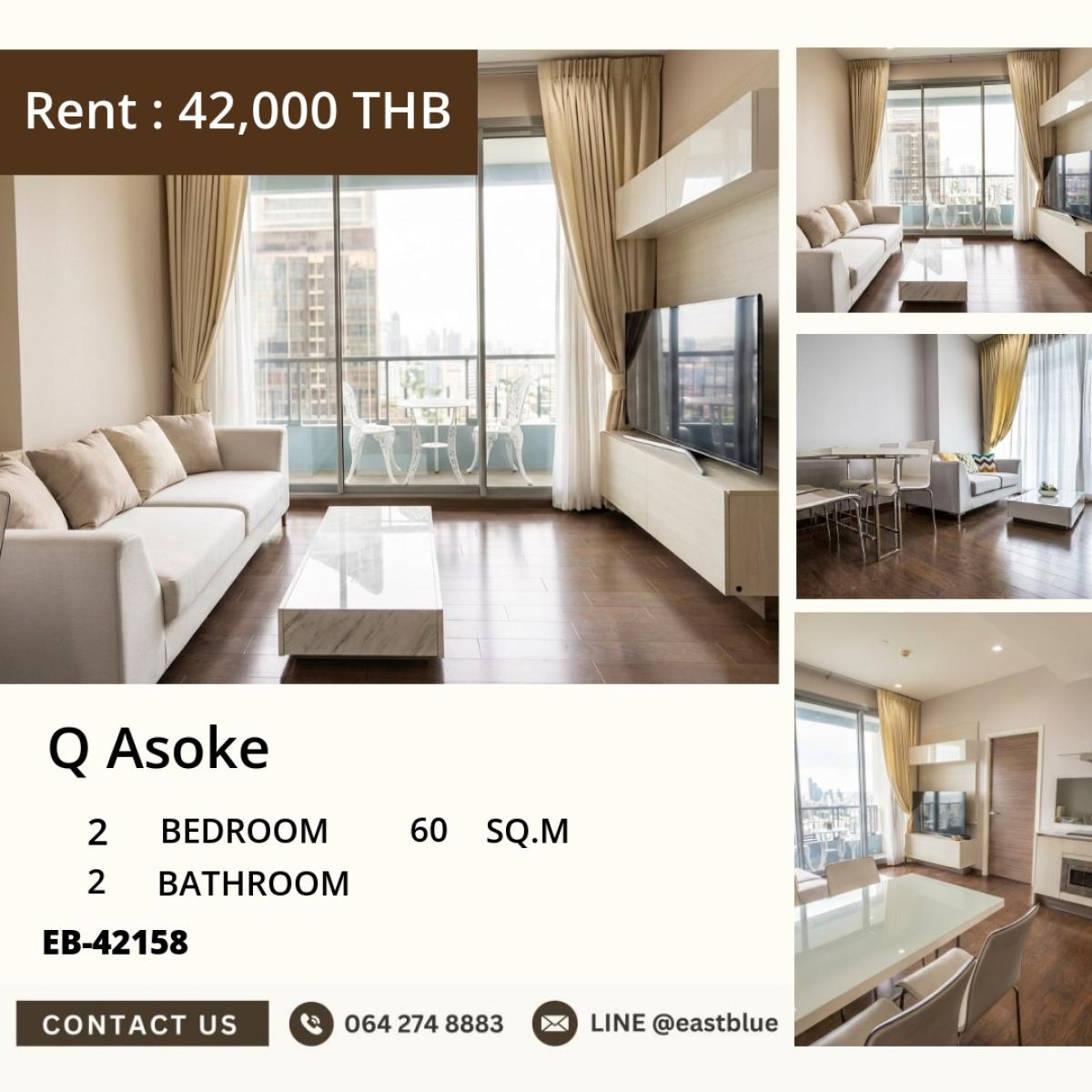 For RentCondoRama9, Petchburi, RCA : 03/04/2026, For rent: Q Asoke condo, 2 bedrooms, 60 sqm, near MRT Phetchaburi
Price only 42,000 baht/month with complete facilities! 0642748883