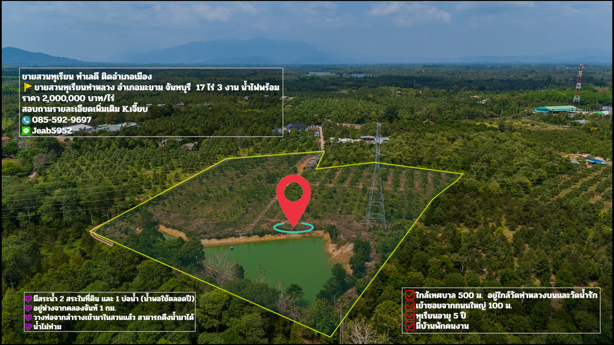 ขายที่ดินจันทบุรี : ขาย สวนทุเรียน 17 ไร่ ทำเลดี ติดอำเภอเมืองจันทบุรี น้ำไฟพร้อม