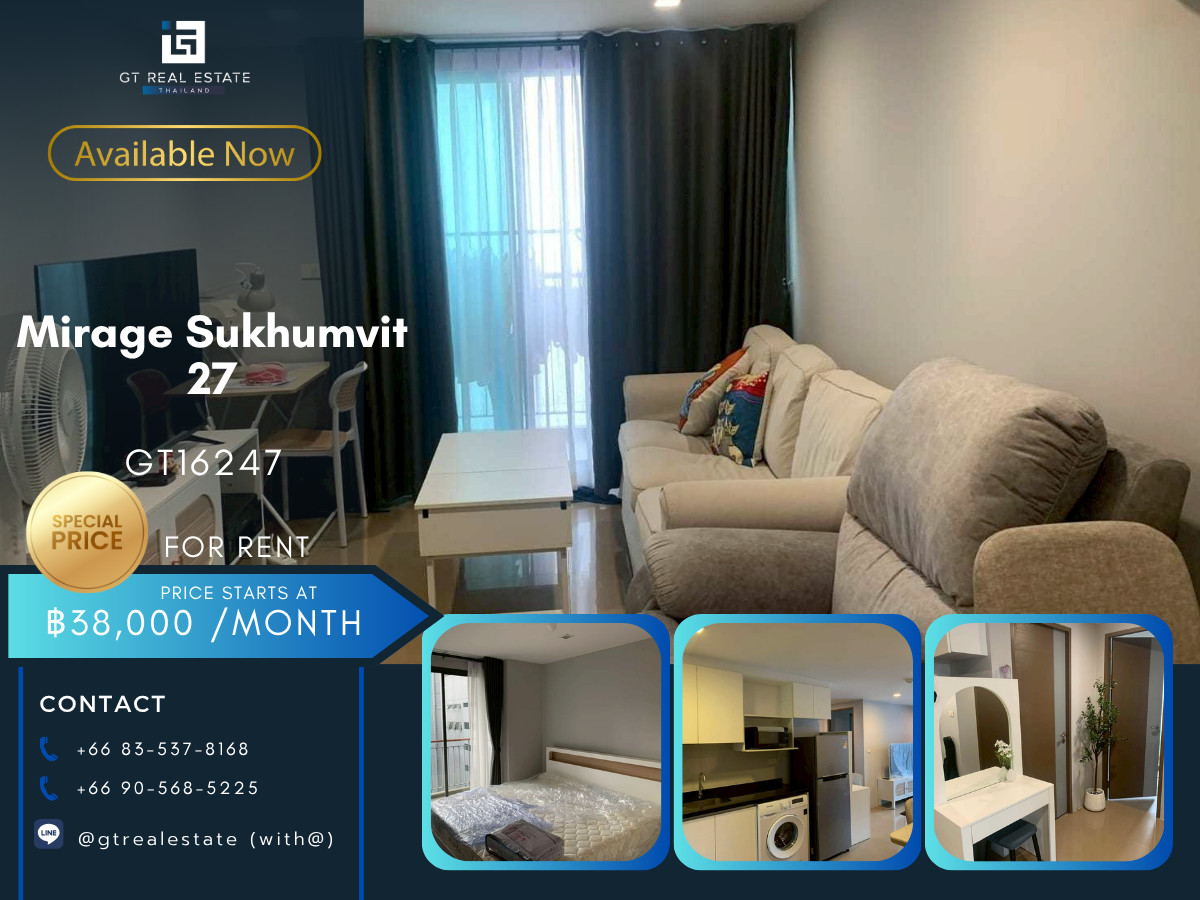ให้เช่าคอนโดสุขุมวิท อโศก ทองหล่อ : 💎 GT16247  | คอนโด Mirage Sukhumvit  27 เดินทางสะดวก ใกล้รถไฟฟ้า มีรถรับส่ง เฟอร์นิเจอร์ครบ พร้อมอยู่!!
