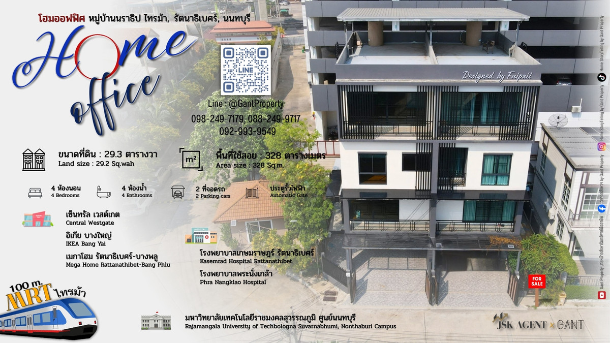 For SaleHome OfficeNonthaburi, Bang Yai, Bangbuathong : 3.5-Story Home Office in Narathip Village, near MRT Saimai Station (Gant-351)