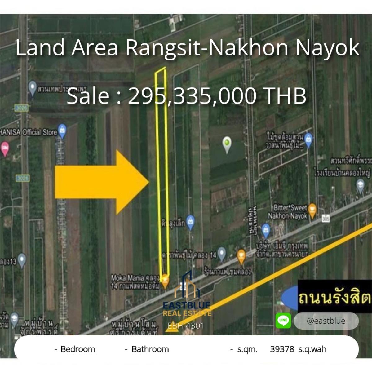 For SaleLandPathum Thani,Rangsit, Thammasat : 24/03/2026, large plot of land in the heart of Rangsit-Nakhon Nayok, ready for sale, 39,378 sq m, price less than 3 hundred million! 
A golden opportunity to invest in a prime location in the Ramindra-Watcharaphon zone, great value, don't miss it! 0642748