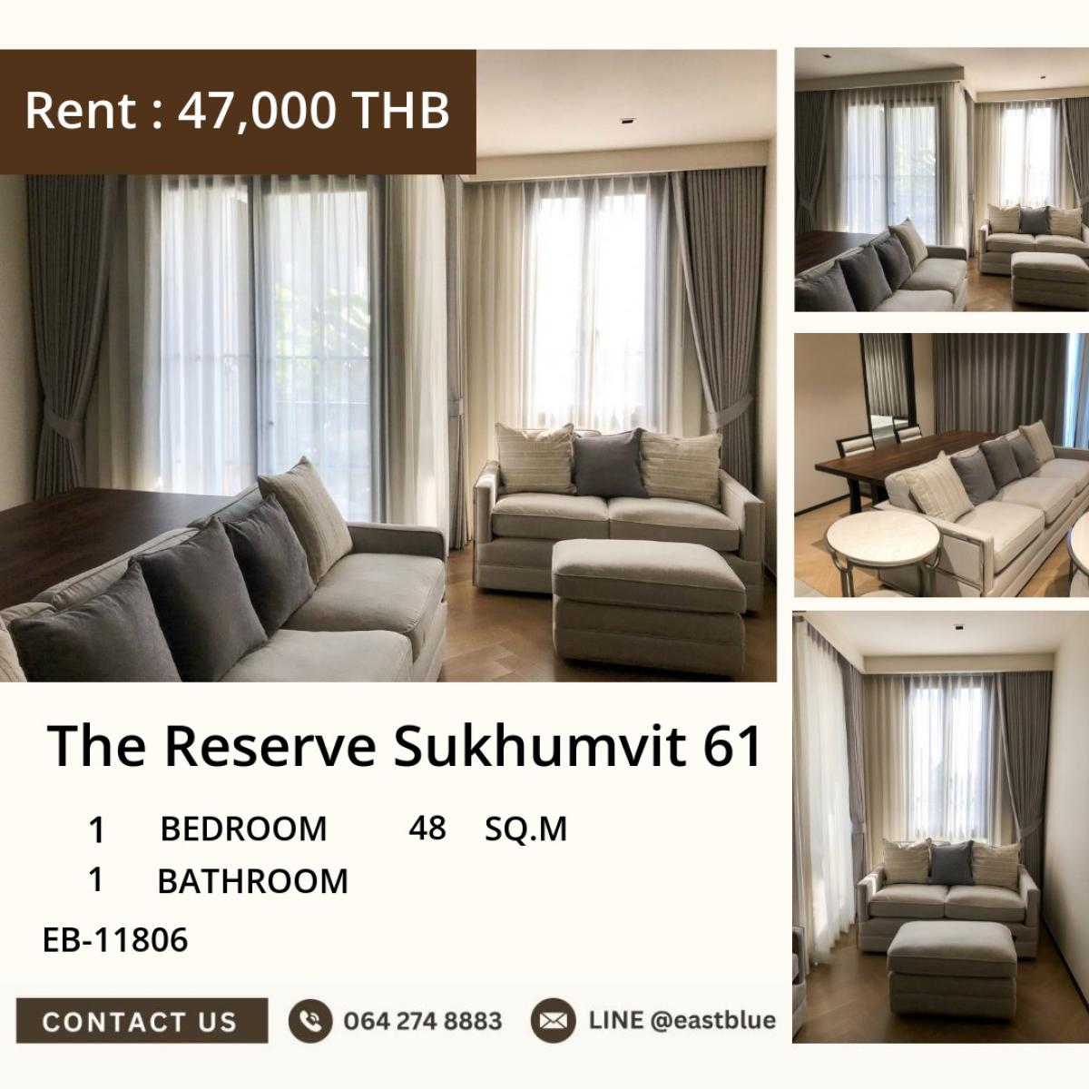 For RentCondoSukhumvit, Asoke, Thonglor : 30/03/2026, For rent: The Reserve Sukhumvit 61
1 bedroom, 48 sq.m., near Ekkamai BTS, only 47,000 baht/month! 0642748883