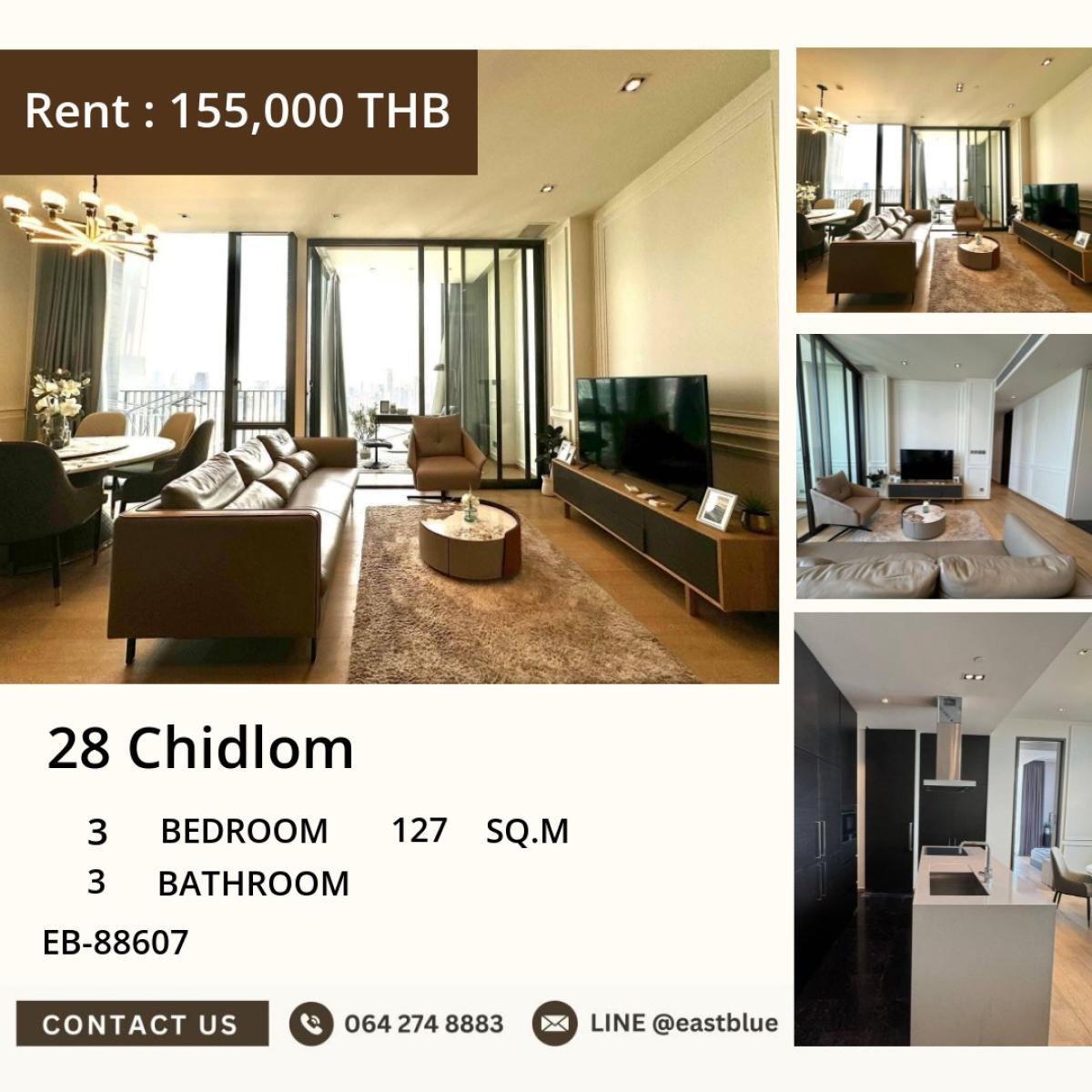 ให้เช่าคอนโดวิทยุ ชิดลม หลังสวน : 30/03/2026, Luxury 3-Bed Condo @28 Chidlom – Prime BTS Access! 
127 sqm, Pool, Gym, Near Central World – Rent 155K THB! 0642748883