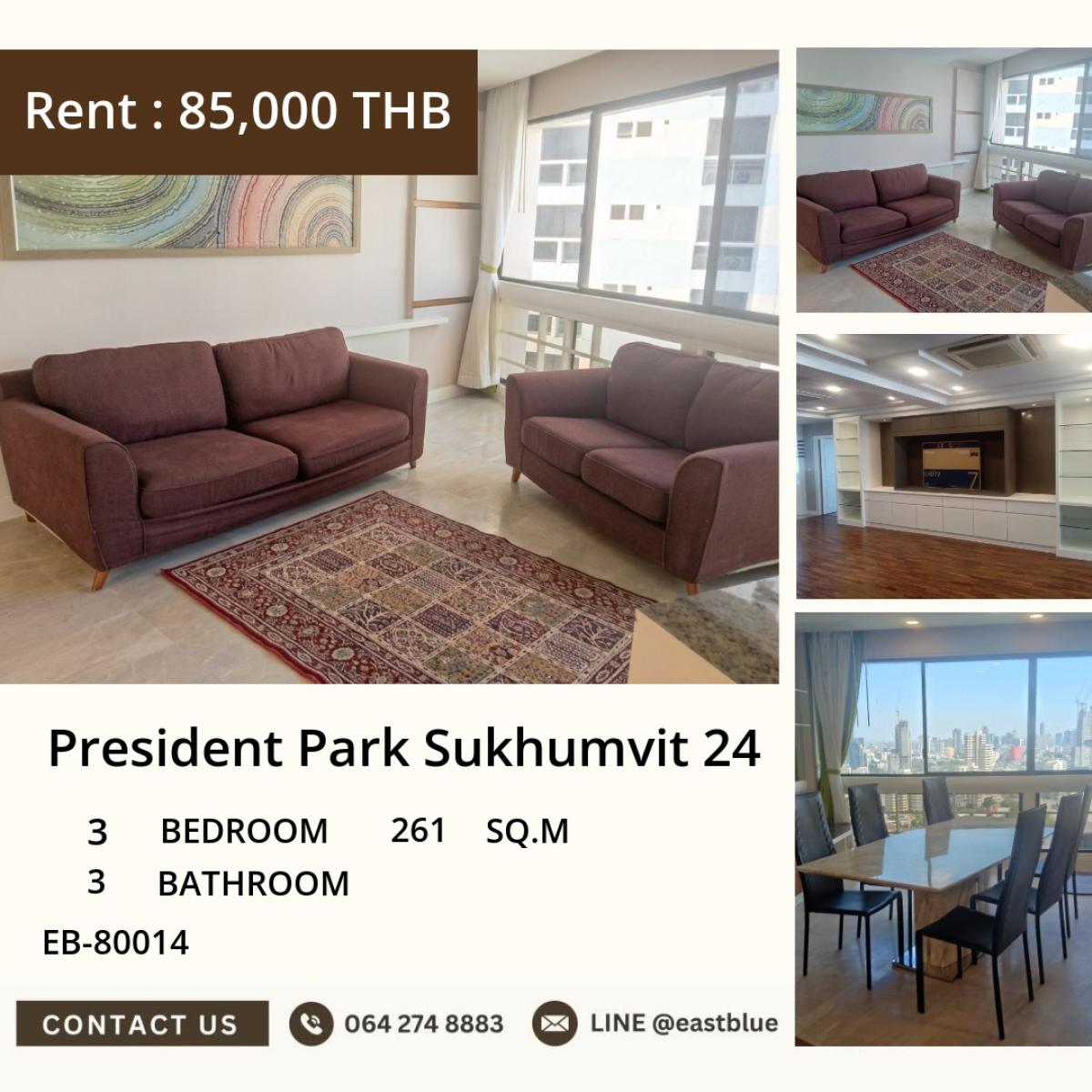 For RentCondoSukhumvit, Asoke, Thonglor : 03/04/2026, Luxurious and ready to move in! 3 bedrooms, 3 bathrooms at President Park Sukhumvit 24
Rent for only 85,000 THB/month, close to BTS with complete amenities! 0642748883