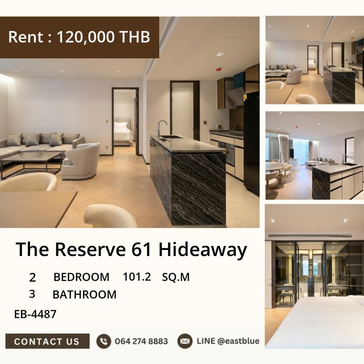 ให้เช่าคอนโดสุขุมวิท อโศก ทองหล่อ : 03/04/2026, Luxury 2-Bed Condo at The Reserve 61 Hideaway – Spacious 101 sqm, Prime Ekkamai Location! 
Rent 120,000 THB/Month - Pool, Gym, Spa & Exclusive Facilities Included! 0642748883
