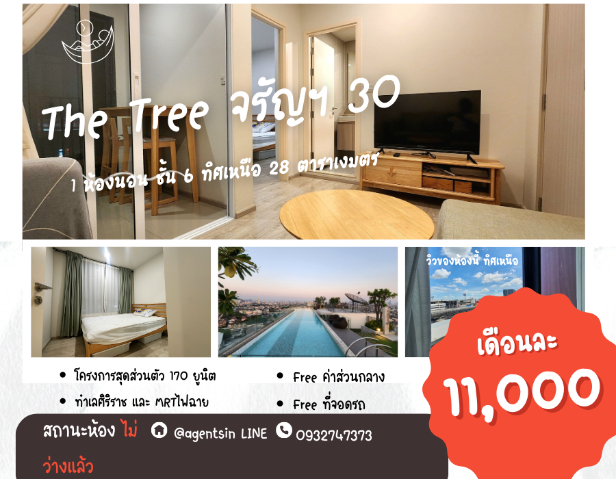ให้เช่าคอนโดปิ่นเกล้า จรัญสนิทวงศ์ : สถานะตามภาพปก **ห้องว่างครับผม**ให้เช่า คอนโด The Tree Charan 30 ห้องสวย สะอาด เฟอร์นิเจอร์แบบสั่งทำทุกชิ้น หิ้วกระเป๋าใบเดียวเข้าอยู่ได้เลย 494.8