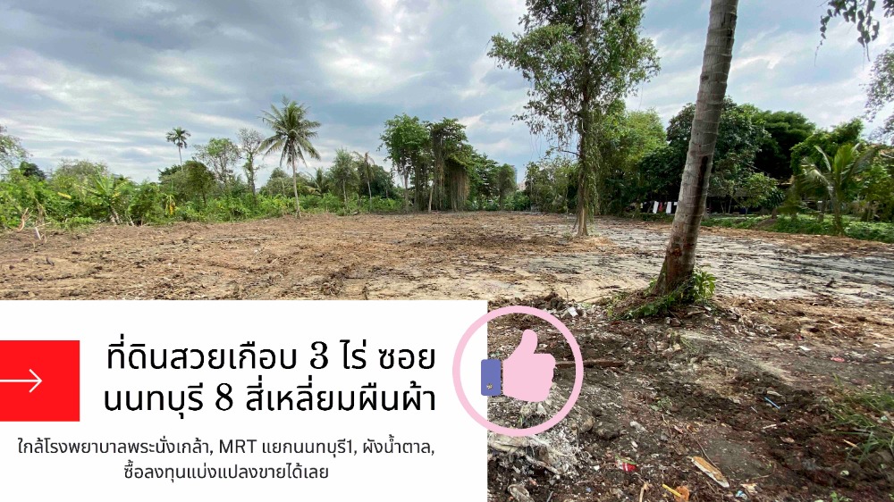 ขายที่ดินนนทบุรี บางใหญ่ บางบัวทอง : ลดราคา! ที่ดินสวยเกือบ 3 ไร่ สี่เหลื่ยมผืนผ้า ใกล้โรงพยาบาลพระนั่งเกล้า, MRT แยกนนทบุรี1, ผังน้ำตาล, ซื้อลงทุนแบ่งแปลงขายได้เลย