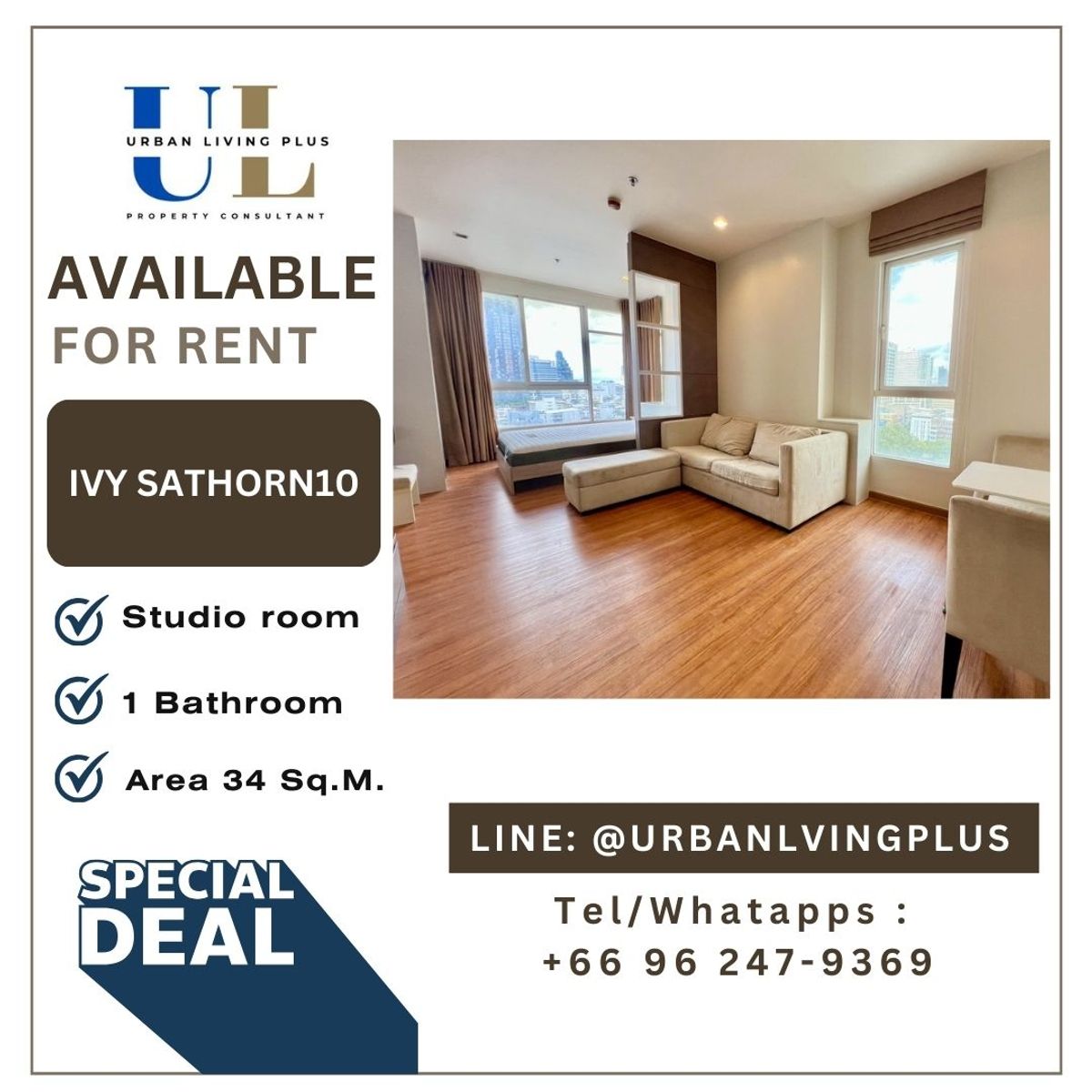 For RentCondoSathorn, Narathiwat : ( UL2307131 ) Tel/Line 096-2479369 , For Rent Ivy Sathorn Studio Room 34 Sq.M. Corner unit, Rare Item✨