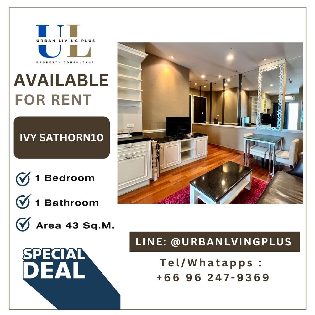 ให้เช่าคอนโดสาทร นราธิวาส : ( UL2311293 ) Tel/Line 096-2479369 ,  ให้เช่า ไอวี่ สาทร10, 1 ห้องนอน 1 ห้องน้ำ 45 ตร.ม. ตำแหน่งพิเศษ มีเพียงห้องเดียว Rare Item BTS เซ็นหลุยส์!!!