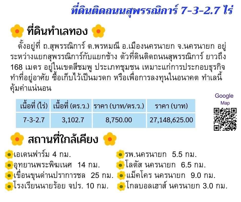 ขายที่ดินนครนายก : ที่ดินนครนายก 7-3-2.7 ไร่ ติดถนนสุพรรณิการ์  ใกล้ตลาดแยกช้าง