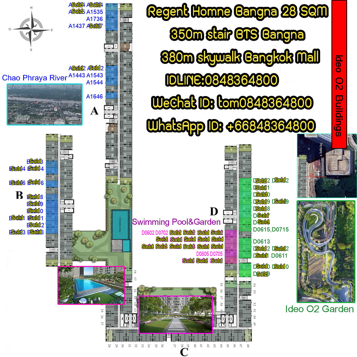 Sale DownCondoBangna, Bearing, Lasalle : Start plus 0 baht! Beautiful room, selected, has every view, Chao Phraya River, O2 garden, swimming pool, O2 garden, 350m to BTS Bangna 380m to Bangkok Mall