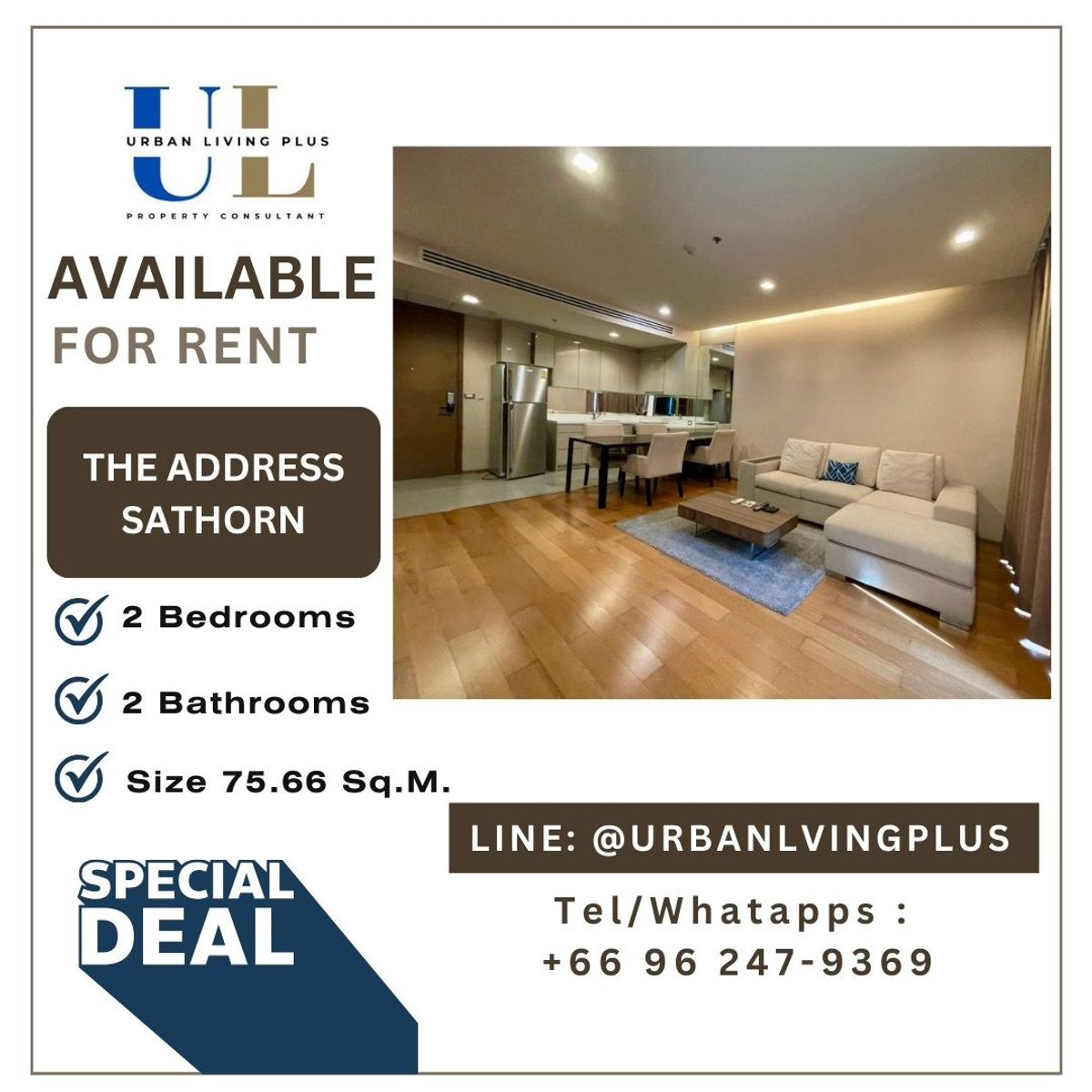 For RentCondoSathorn, Narathiwat : ( UL2309051 ) Tel/Line 096-2479369✨FOR RENT The Address Sathorn / 2 bedroom 2 bathroom 75.66 Sq.M. Best Price✨✨