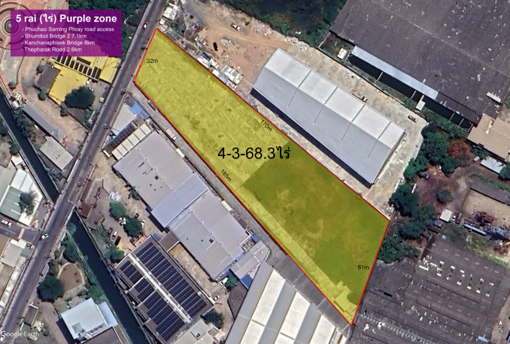 For SaleLandSamut Prakan,Samrong : Poochaosamingprai Road - Land Size: 4-3-68.3/ไร่, Purple Zoned Land Close to The Industrial Ring Road