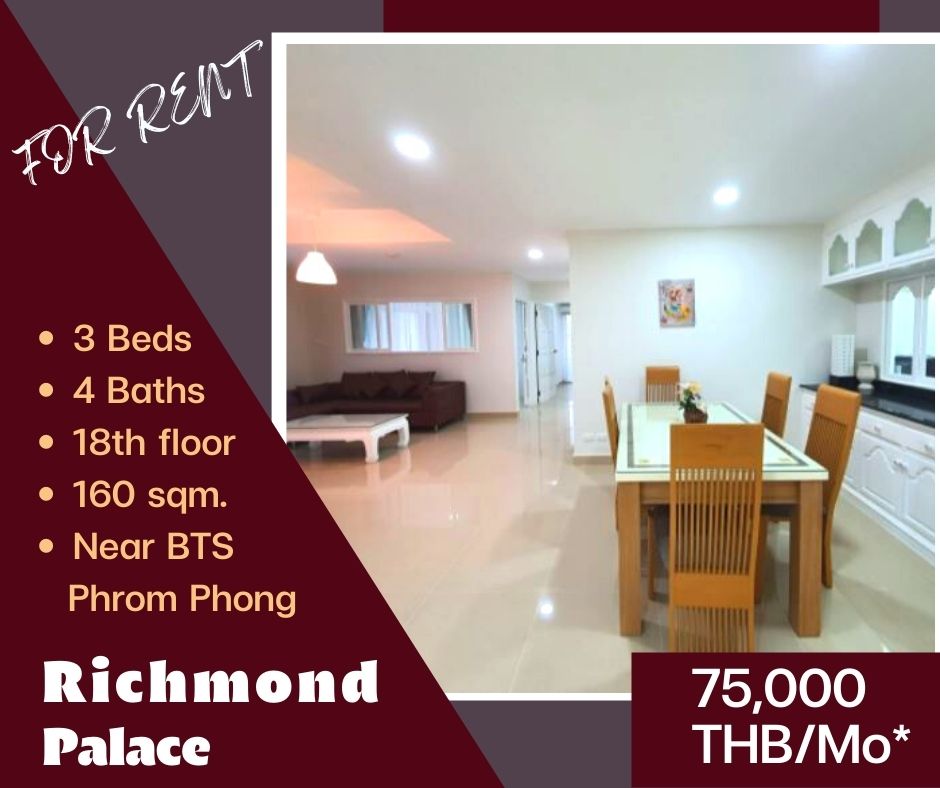 For RentCondoSukhumvit, Asoke, Thonglor : 3 Beds Condo For Rent Richmond Palace on 18th floor near BTS Phrom Phong